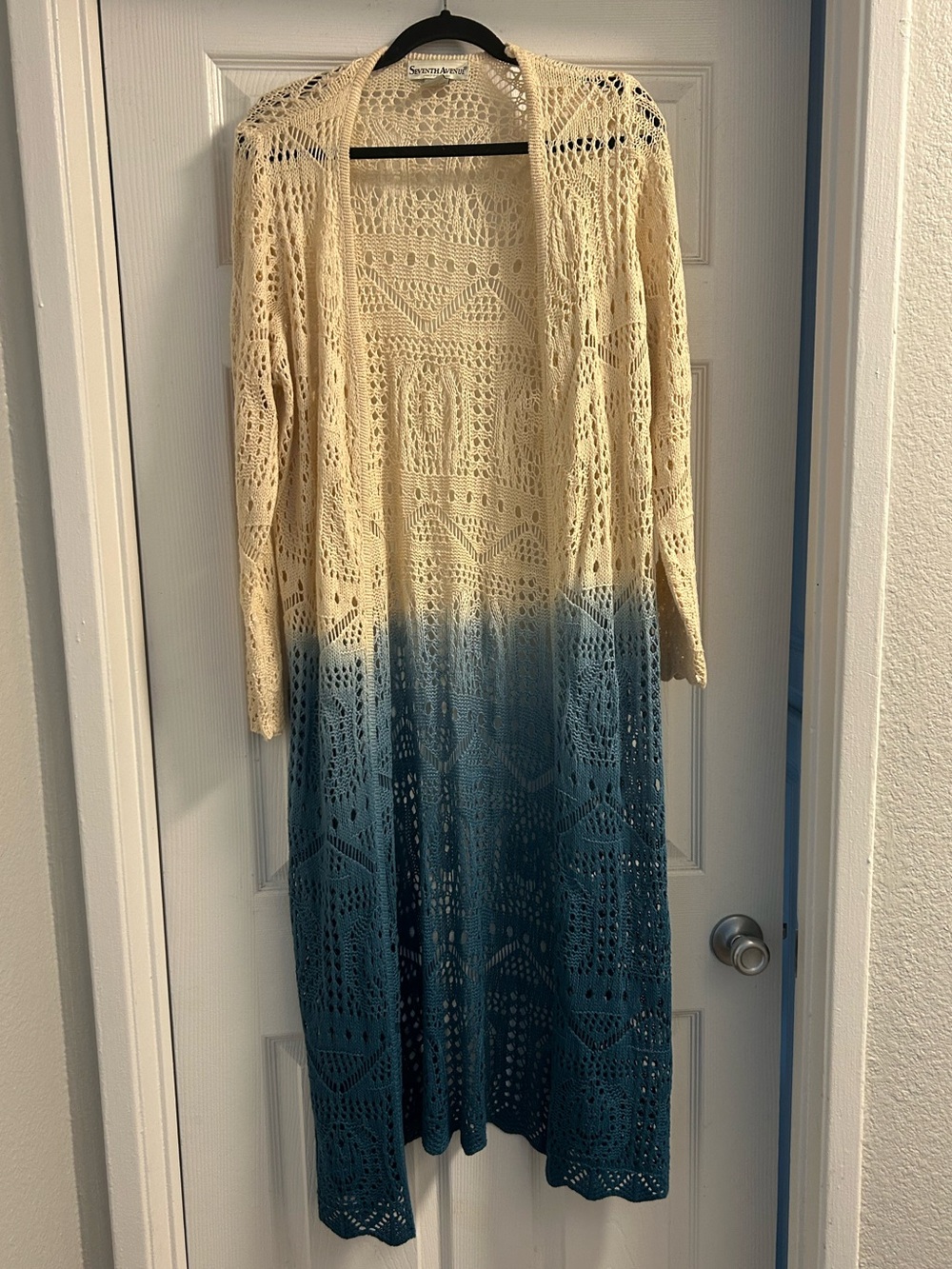 Seventh Avenue Crochet Open-Front Ombre Duster Cardigan - Cream to Teal